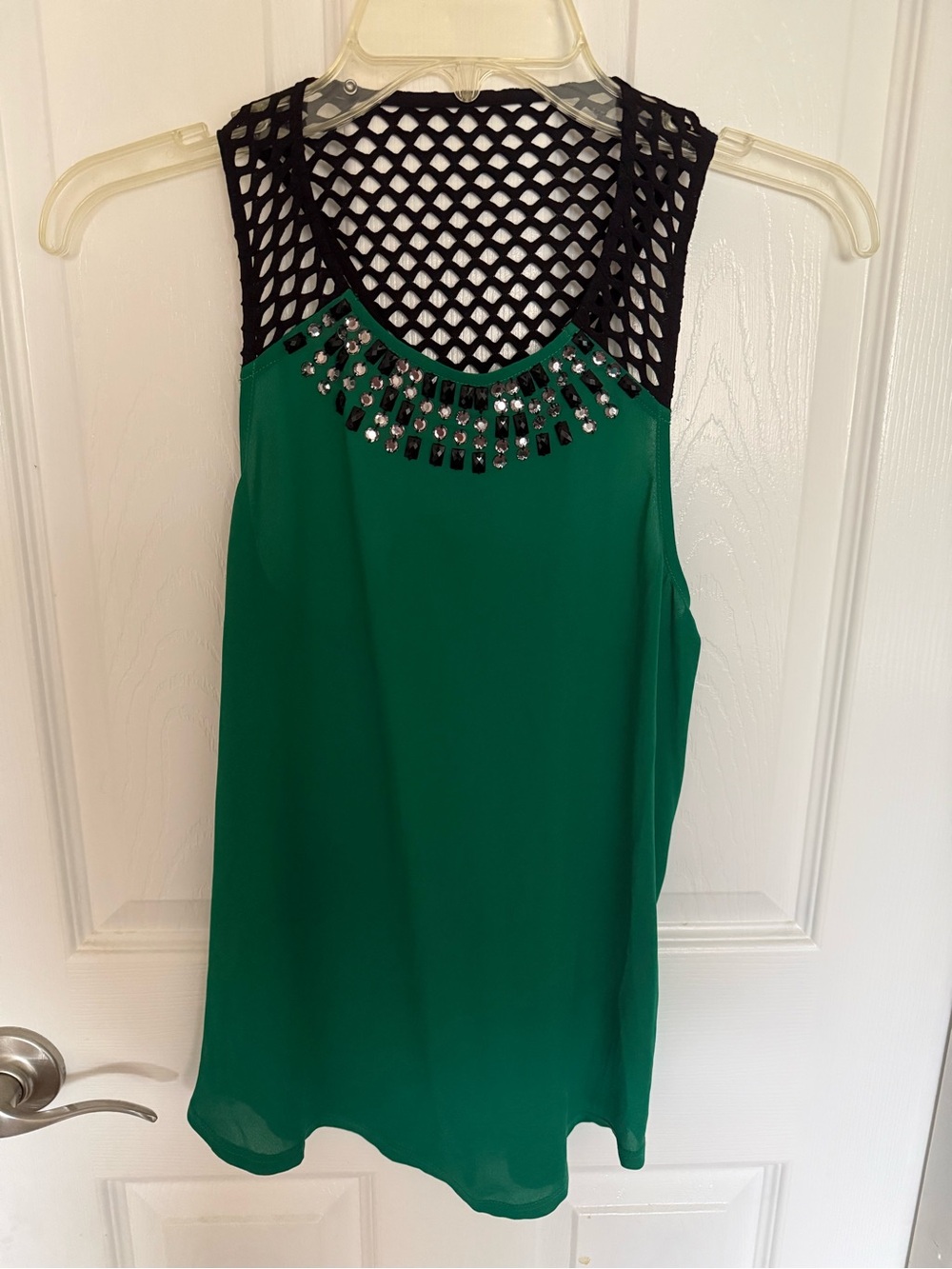 Express Green Camisole with Black Mesh Yoke and Beaded Neckline